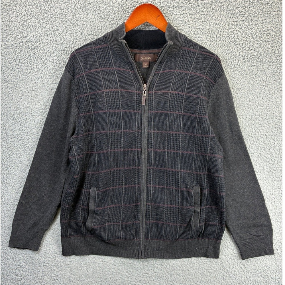 Tasso Elba Full Zip Cardigan Sweater Mens L Gray Plaid Knit Mock Neck Preppy